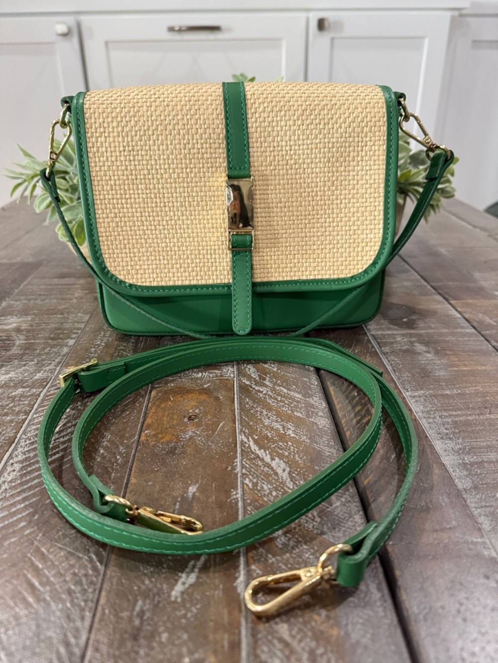Valentina Fiore Green & Cream Woven Italian Leather Crossbody Bag